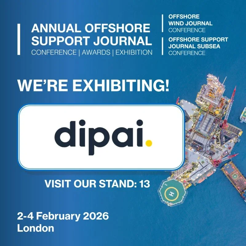 Dipai exhibition announcement for the Annual Offshore Support Journal Conference, stand 13, London.