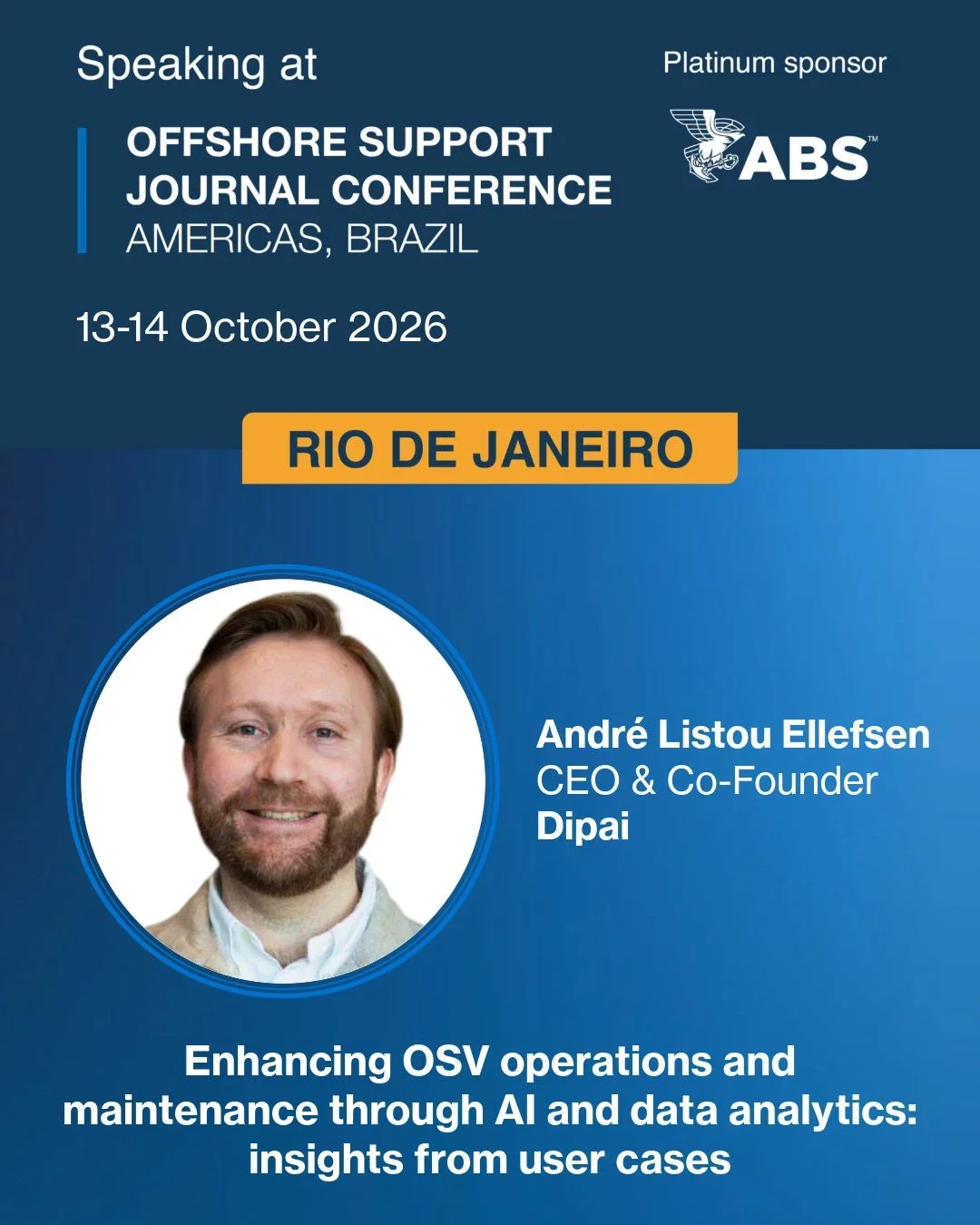 OSJ Americas 2026 speaker announcement featuring André Listou Ellefsen, with the conference dates and location in Rio de Janeiro.